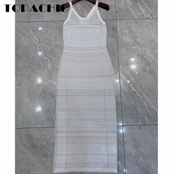 5.9 TOPACHIC Striped Bright Silk Knitted Long Dress Women Elegant Sexy V-Neck Suspender Package Hip Slim Dress