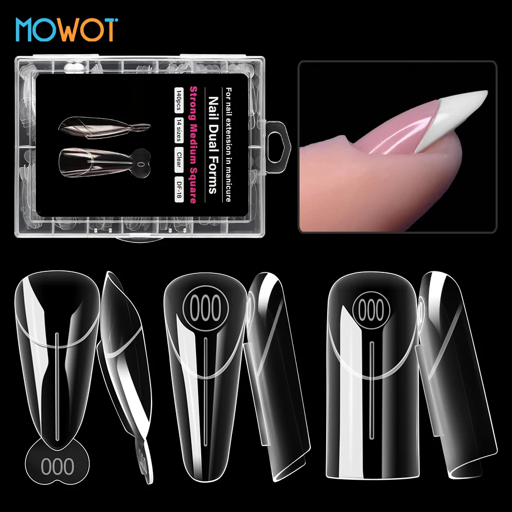 MOWOT 140pcs Square Almond Nail Dual Forms with Inner French Line Acrylic Gel Nails Extension System Tips for French Nail Molds
