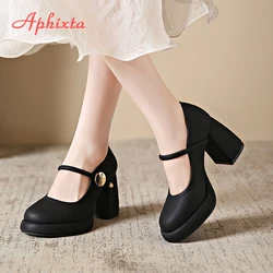 Aphixta Patent Leather 8cm High Heels Mary Janes Round Toe Platform Women Shoes Elegant Pumps Plus Size 43 tacones para mujer