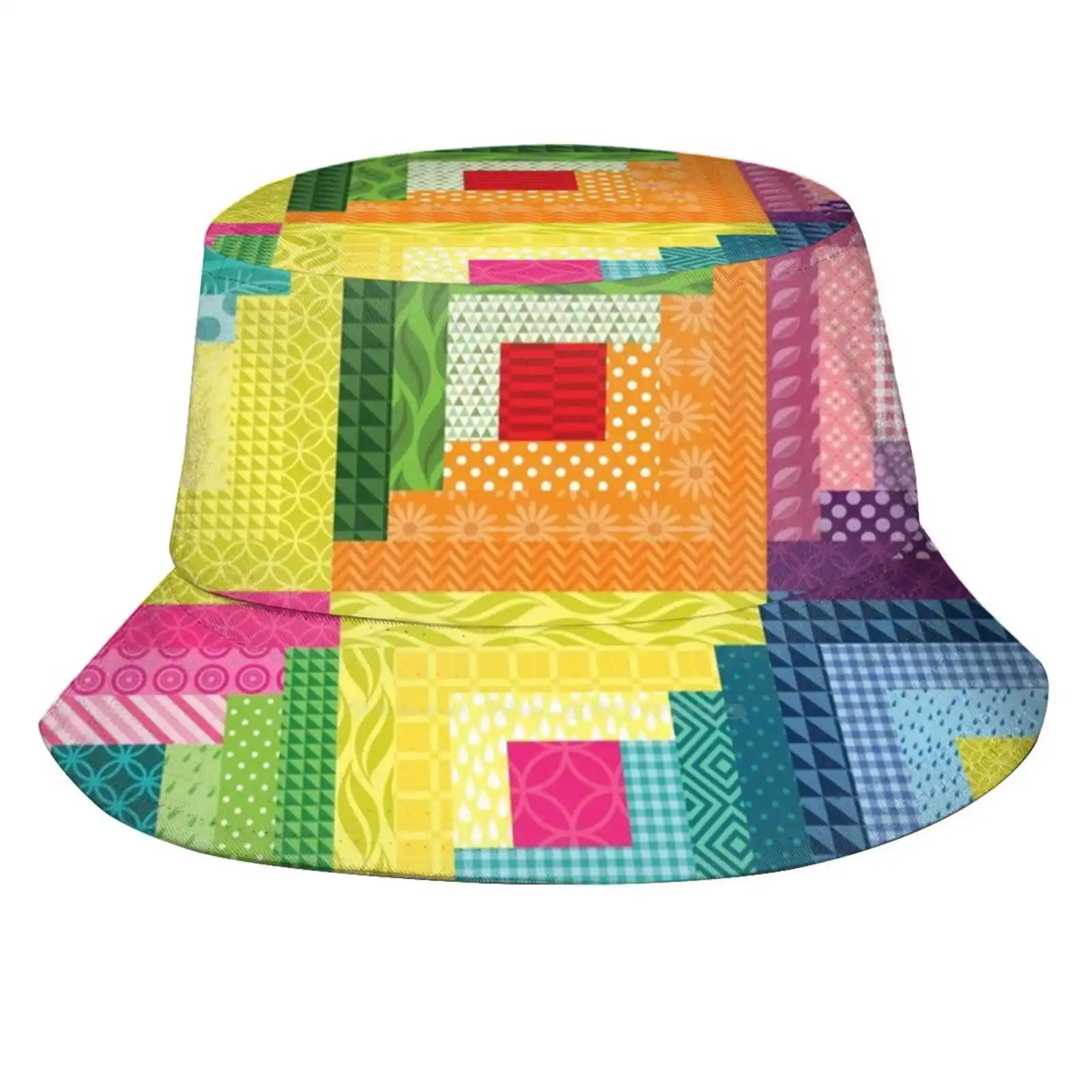 Log Cabin Pattern Patchwork Quilt Design Korean Caps Funny Beach Bucket Hats Bright Spring Multicolor Bohemian Vintage Country