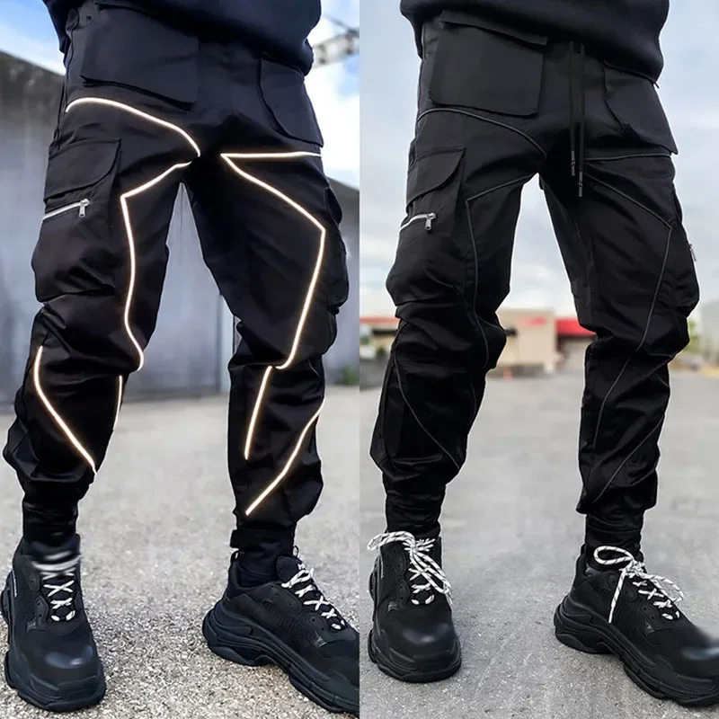 

Men Casual Black Cargo Pants Oversize Striped Pocket Sweatpants Gym Sports Fitness Hip Hop Jogger Baggy Trousers Pantalon Hommes