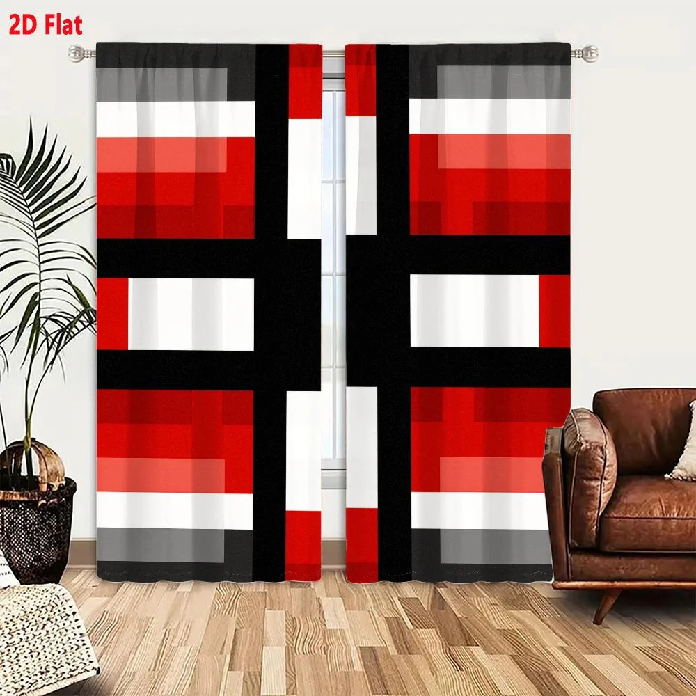 2Pcs Curtains 2D Flat Abstract Black Cross Red White Gray Quadrants Rectangular Strips Symmetric Pattern Window Drapes for Bedro