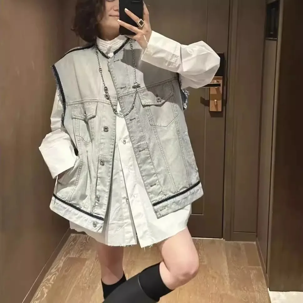 

Loose Fit Denim Svel Open Cardigan Vest for Women Autumn Winter plus Size Casual Wear round Ne Pullover Color