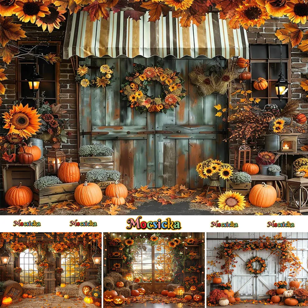 Mocsicka Photography Background Autumn Maple Leaf Pumpkin Wooden Door Decoration Kids Fall Photo Portrait For Studio Props