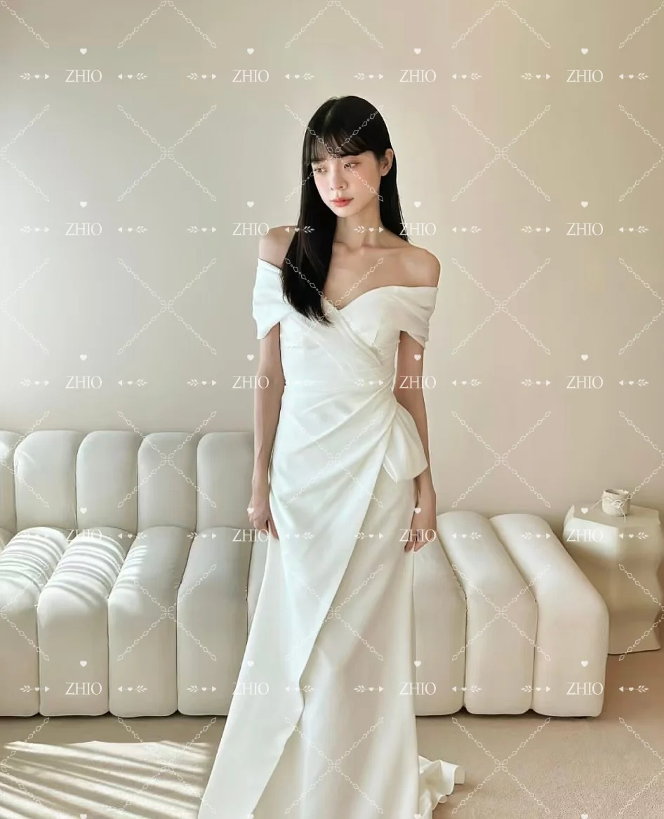ZHIO elegante vestido de novia con hombros descubiertos, plisado de marfil, corte en A, tren de barrido, sesión de fotos de Corea, vestido de recepción nupcial personalizado