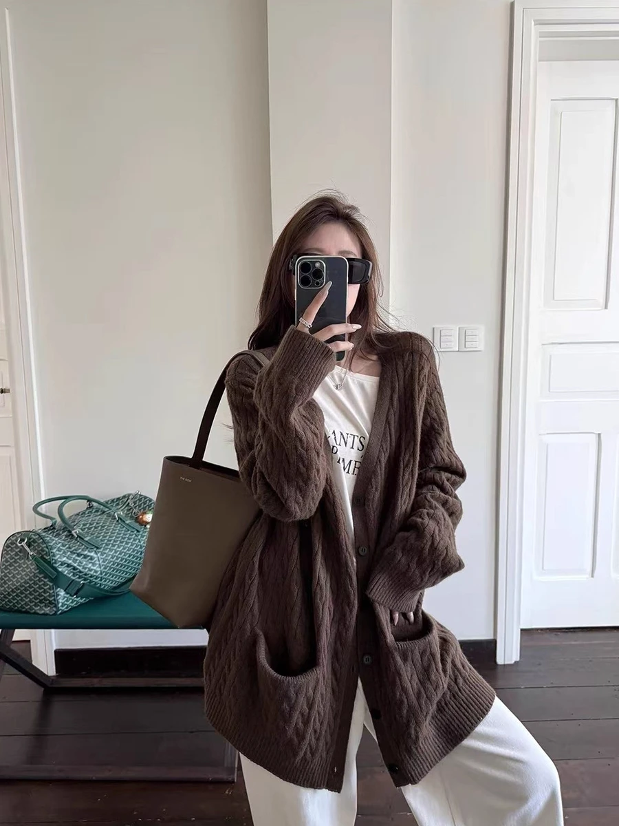 ルーズニットツイストセーターコート レディース 秋冬 ミディアム丈 Vネック ロングスリーブ ソフトで快適なカジュアルアウター