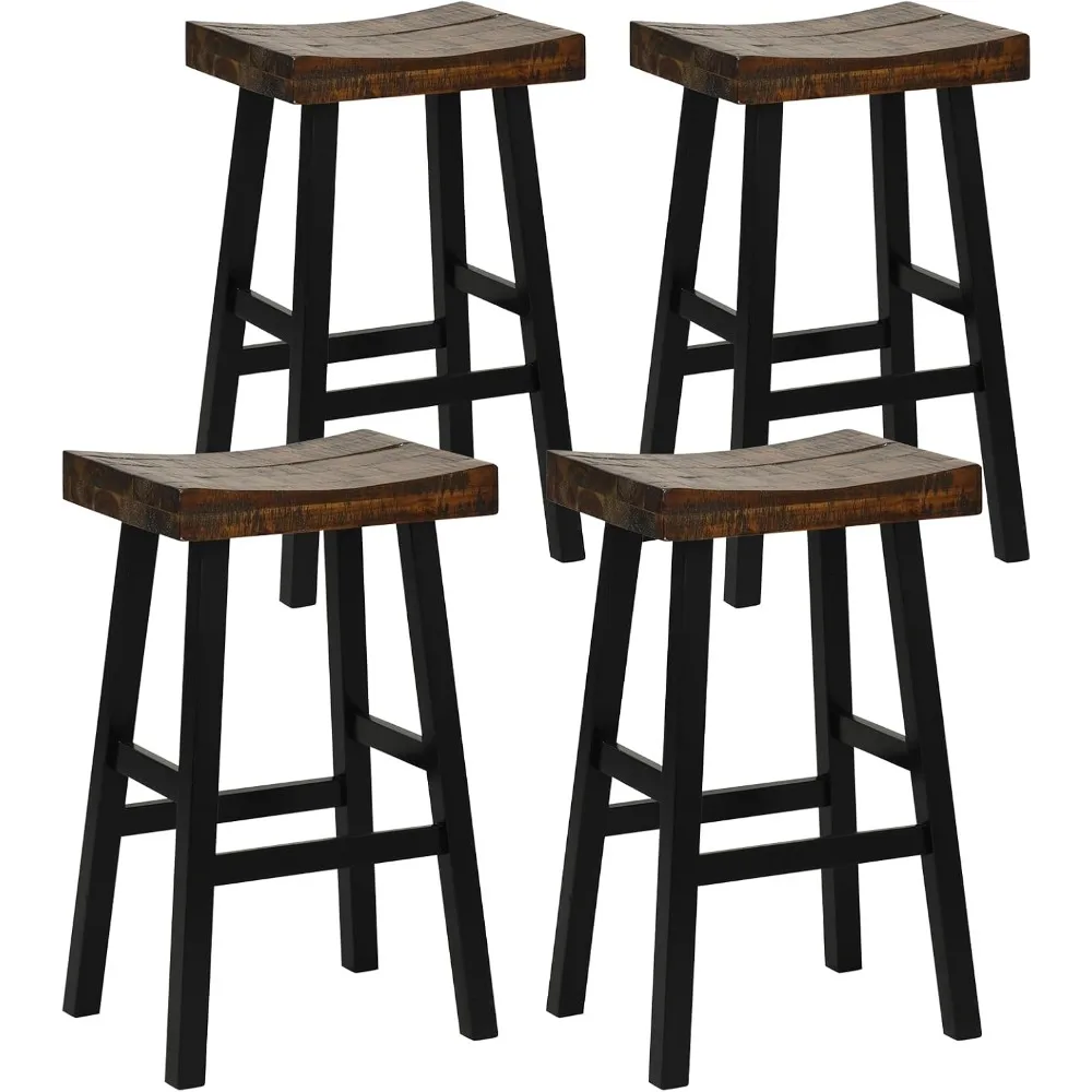 

Wooden Saddle Stools Set of 4, 29-inch Bar Height Stools with Curved Seat Surface, Rubber Wood, Acacia Wood, Footrests, Kitchen