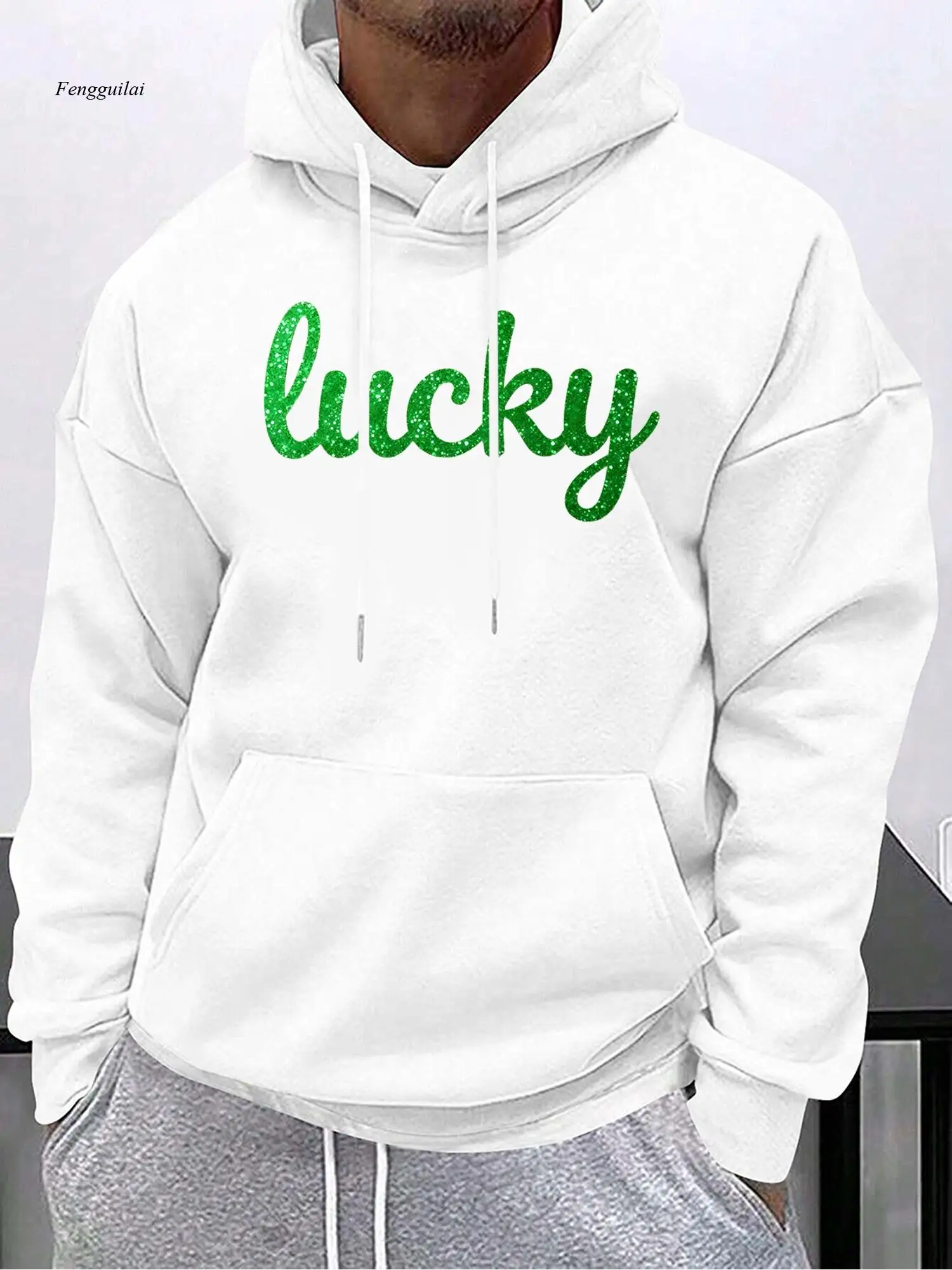 

Толстовка с капюшоном Lucky Print — свободный пуловер с длинными рукавами большого размера, счастливой надписью и четырехлистным дизайном