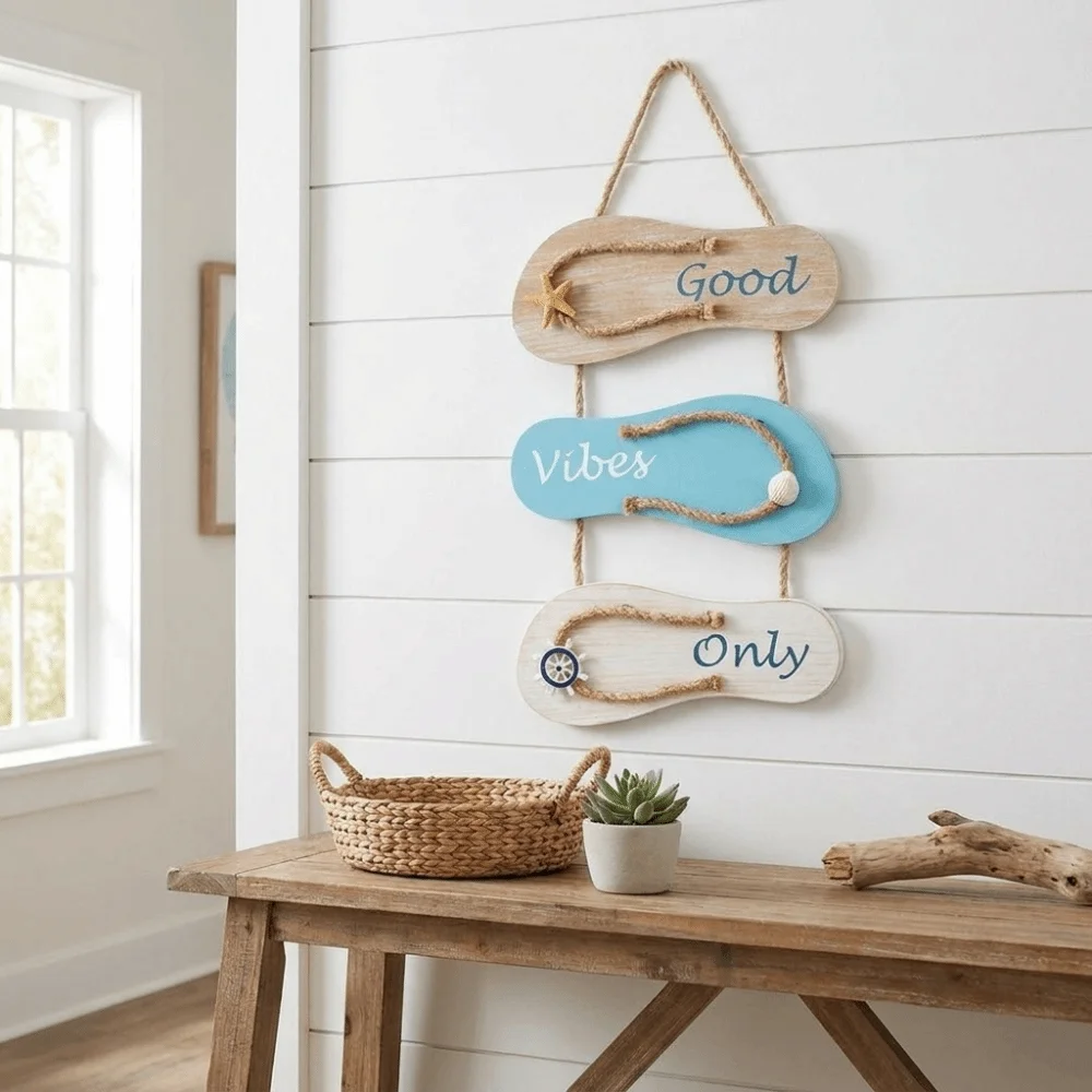 Marine Style Wooden Wall Hanging Flip Flop Shape Farmhouse Wall Hanging Pendant Artistic Design Ocean Theme Slipper Hanging