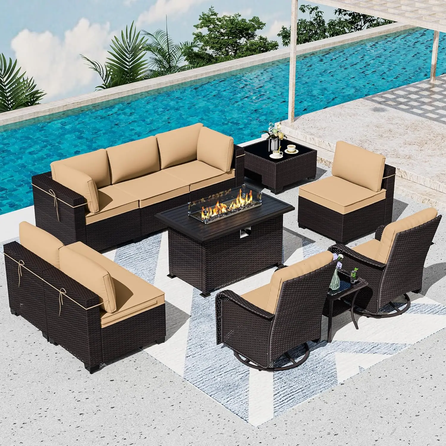 

11 Pieces Patio Furniture Set with 2 Swivel Chairs Patio Furniture Outdoor Sectional Sofas with 55000 Gas Fire Pit Patio Set