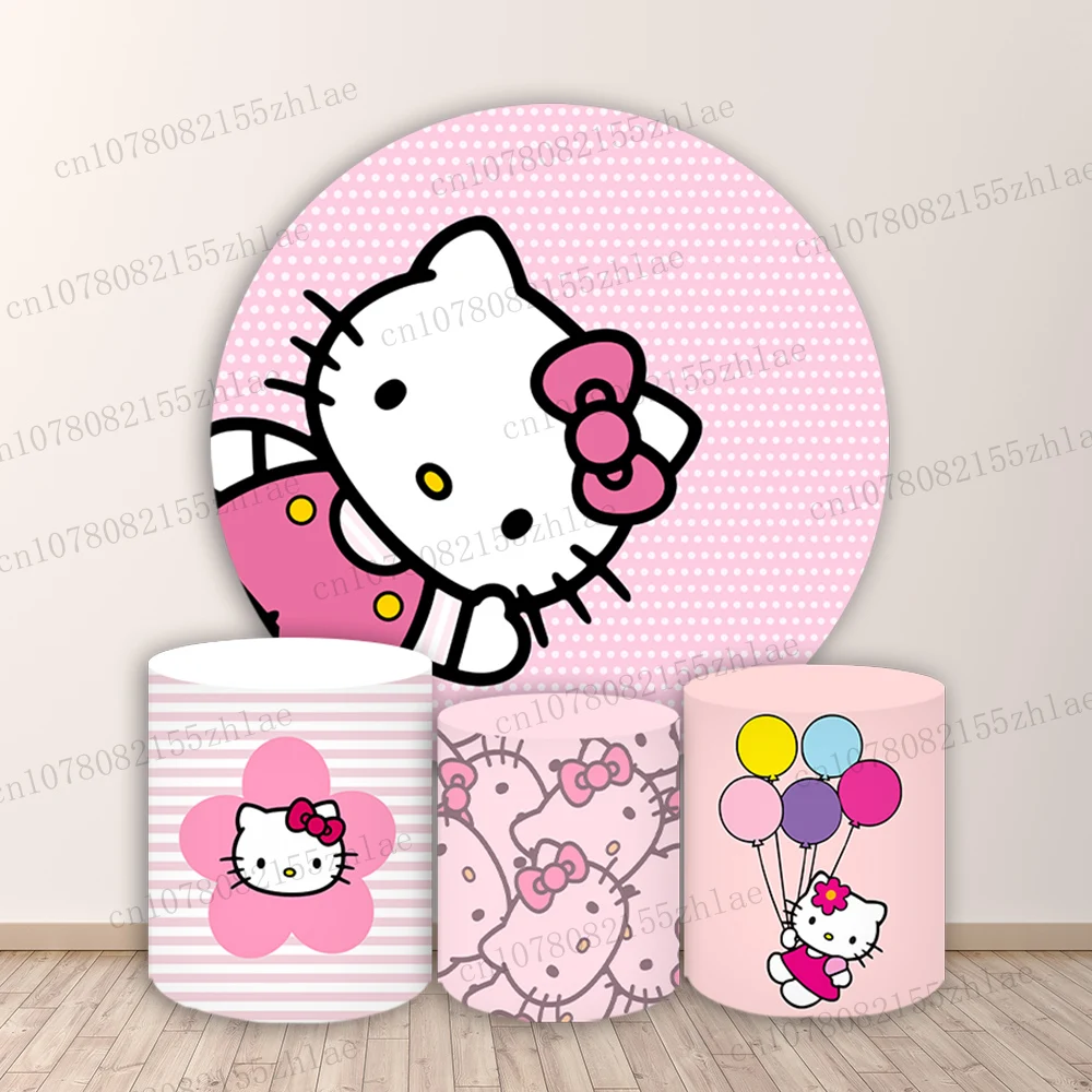 

Hello Kitty Birthday party Photo Backdrop Baby Shower Photography Backdrop Round&Cylinders Plinth Covers Photo Background Banner