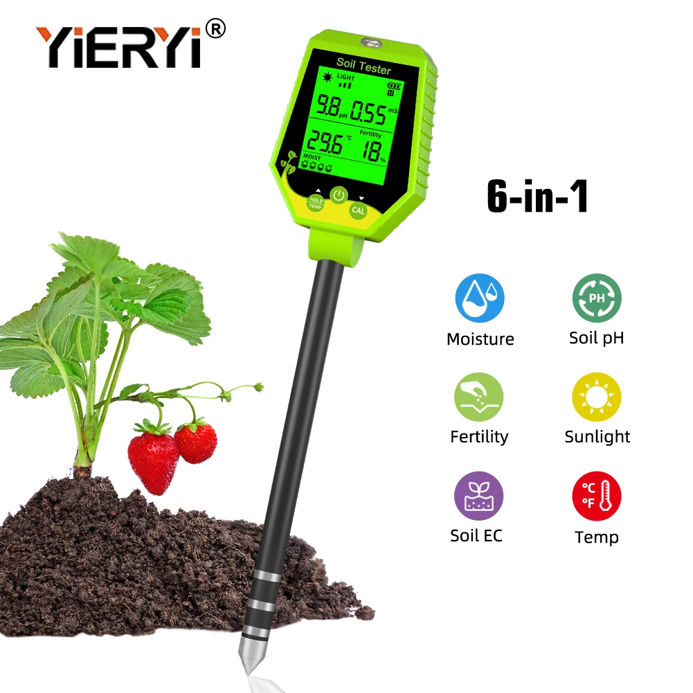 Yieryi 6 in 1 Soil Tester Digital LCD PH EC Moisture Fertility Light Temp Test Detector Plant Garden Farm Soil Analysis Monitor