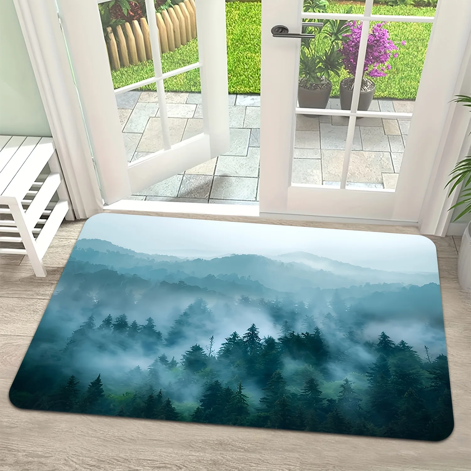 Morning mist and mountain patterned floor mat, machine washable polyester, suitable for living room, bedroom, bathroom office.