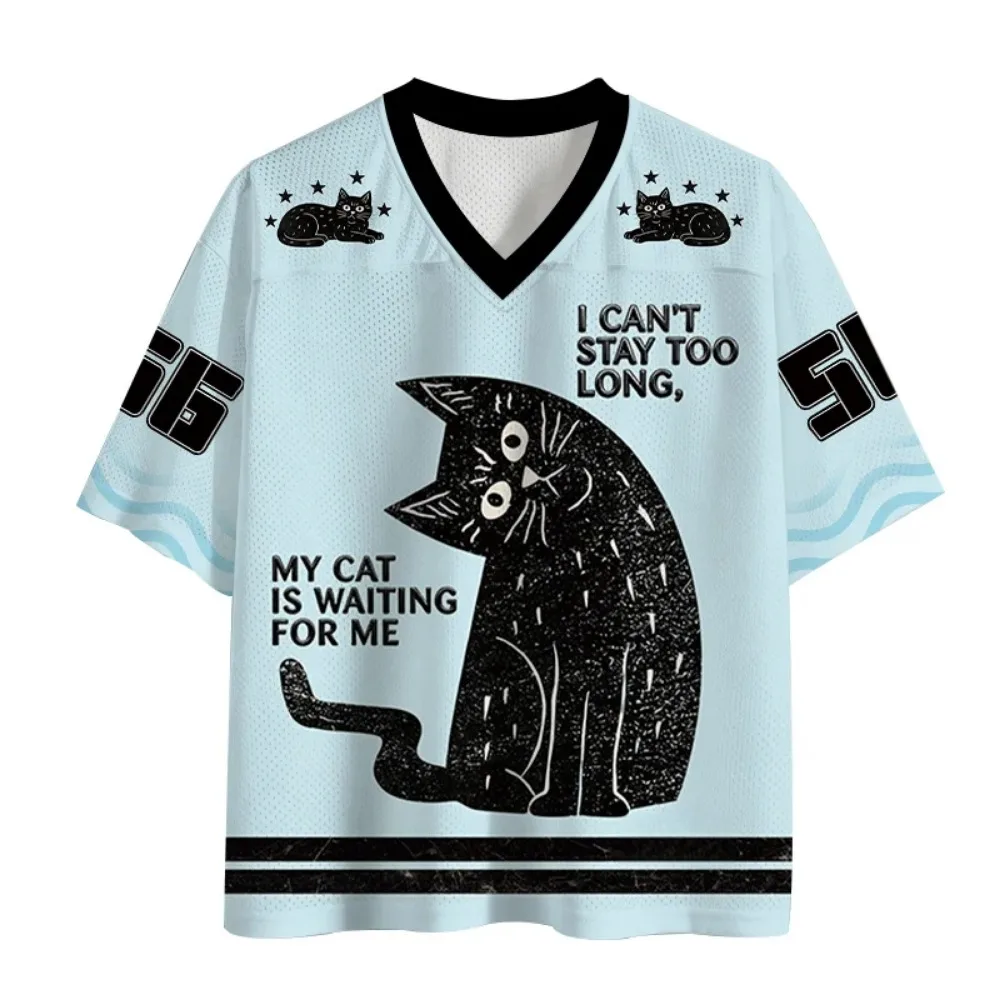 American Retro Distressed Black Cat 3D Print Breatha Quick-dry Men WomenV-neck LooseT-shirt  Street Casual Parent-Child Clothing