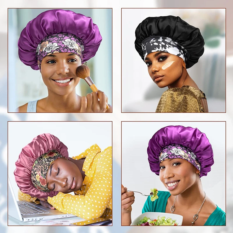 Large Women Satin Bonnet Night Hat Flower Print Elastic Wide Band Sleeping Cap Women Hair Care Shower Cap Hats Head Wrap