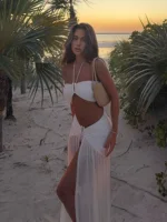 Halter Neck 3 Piece Bikini Set with Sheer Split Maxi Skirt Sexy White Summer Beach Dress Vacations Outfits Pool Party Wear K236 - Image 3