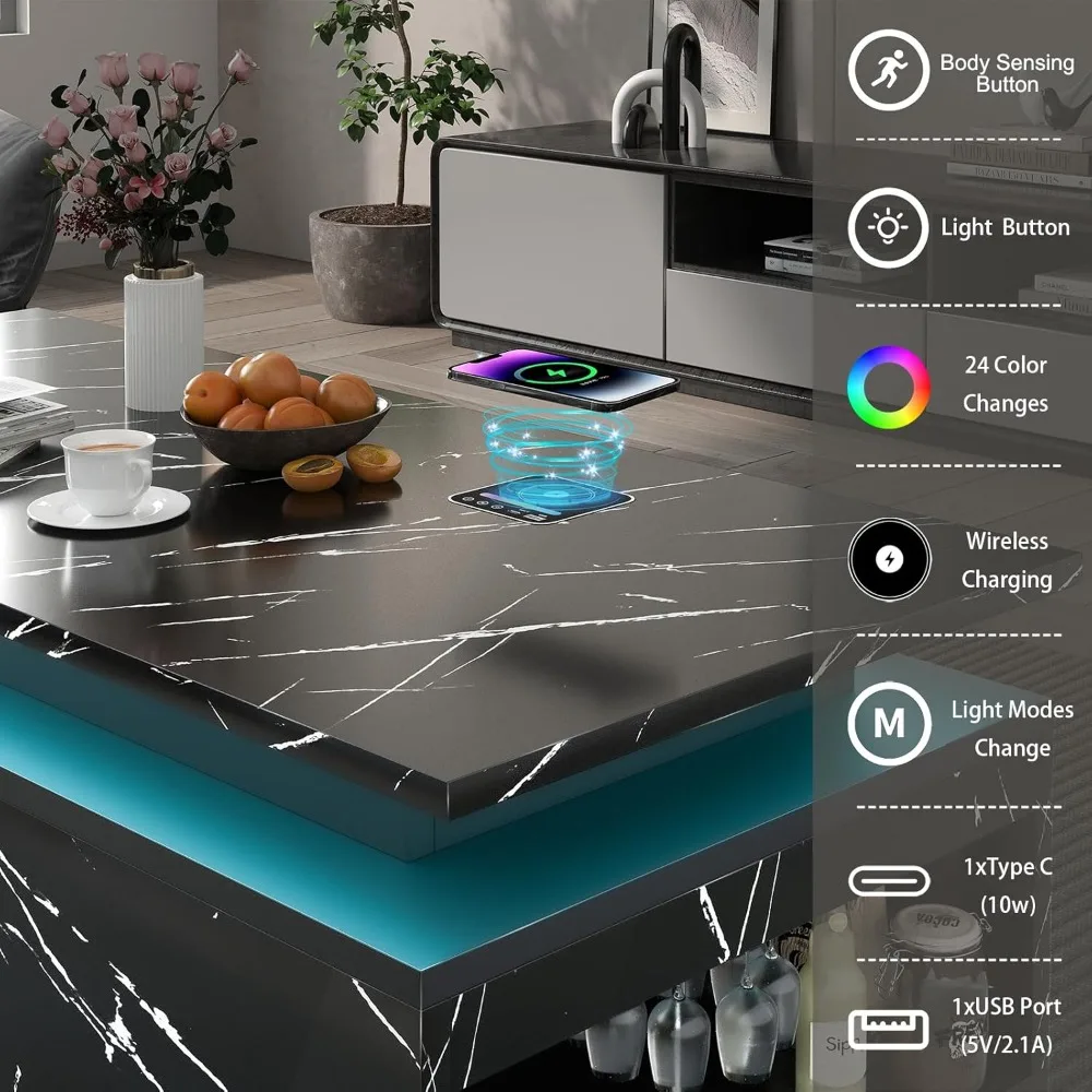 LED Coffee Table with Storage, Black Coffee Table with Wireless Charging and Speaker, High Glossy Modern Center Table with 24 Co