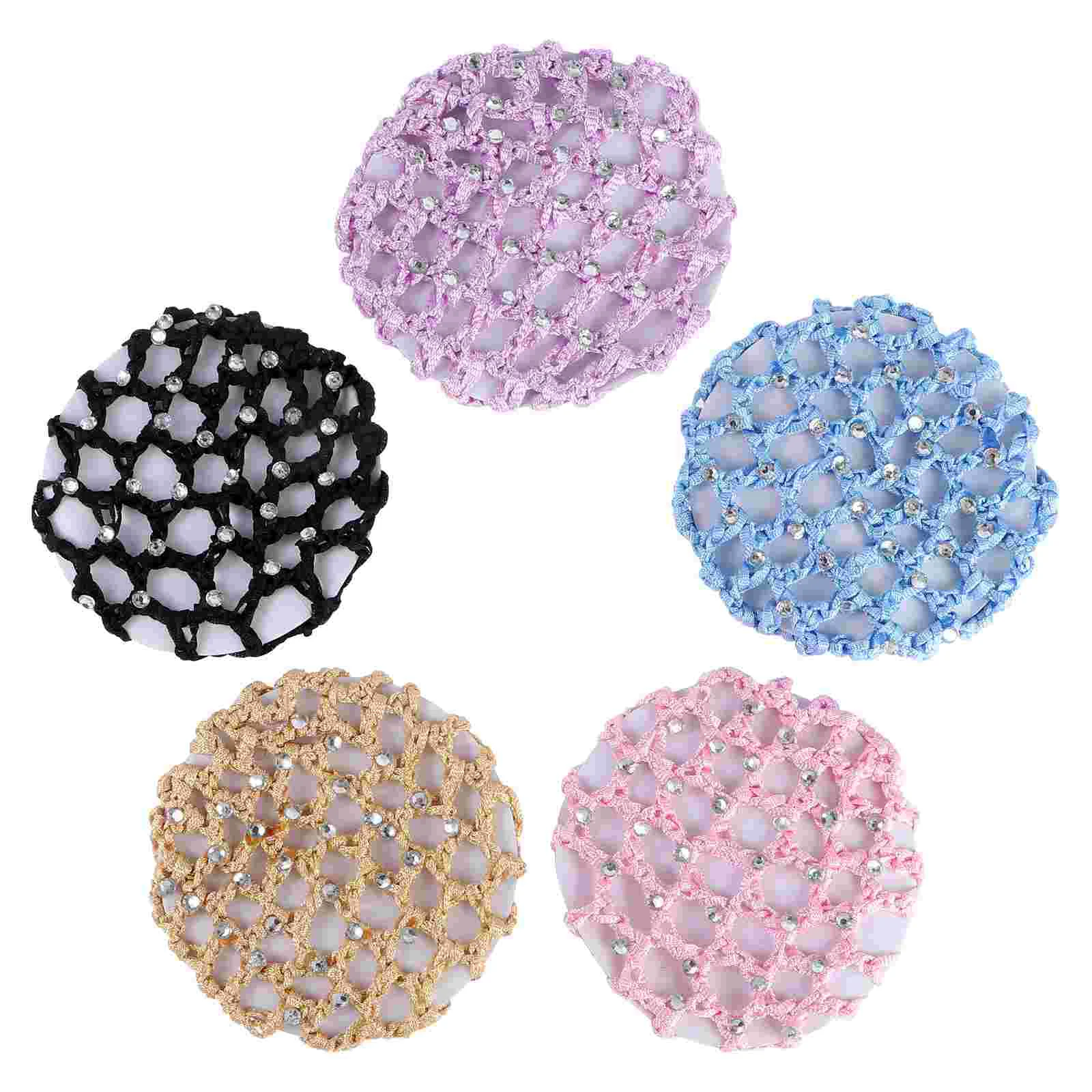 

5pcs Elastic Hair Snood Net Handmade Crochet Hairnet Heardress for Dance Performance ( Maize-yellow + Light Purple + Pink