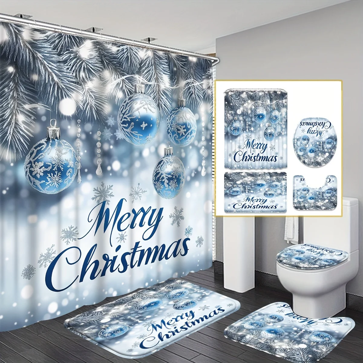 

Рождественская елка, хрустальный шар, синий набор занавесок для душа с нескользящим ковриком и крышкой для унитаза, можно стирать в машине, праздничный декор для ванной комнаты