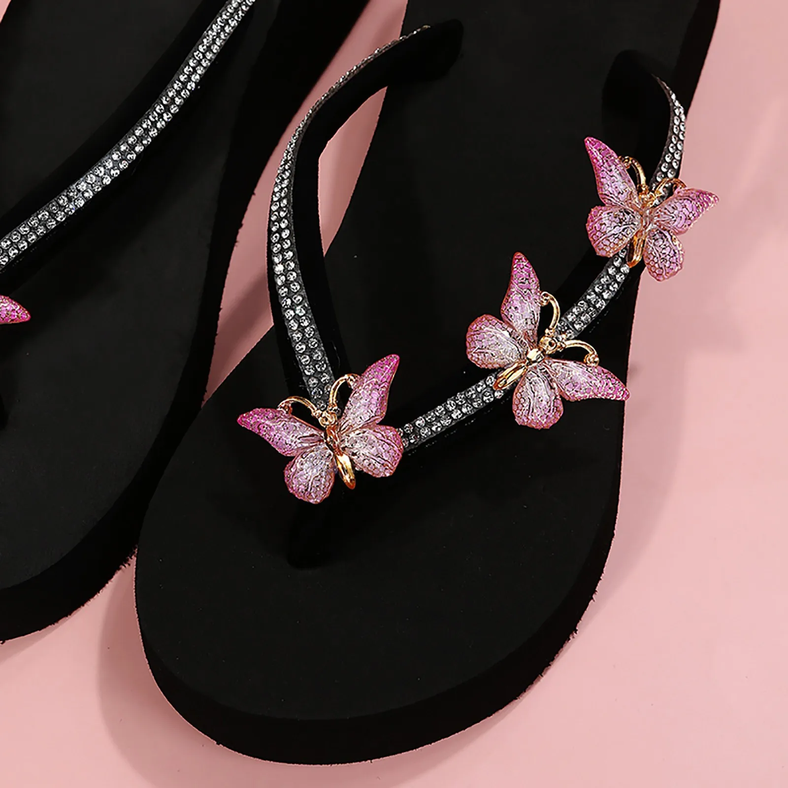 Sparkly Rhinestone Butterfly  Flat Casual Flip Flops Fashion Indoor And Outdoor Anti-slip Women Sandals Solid Color Wedge Shoes