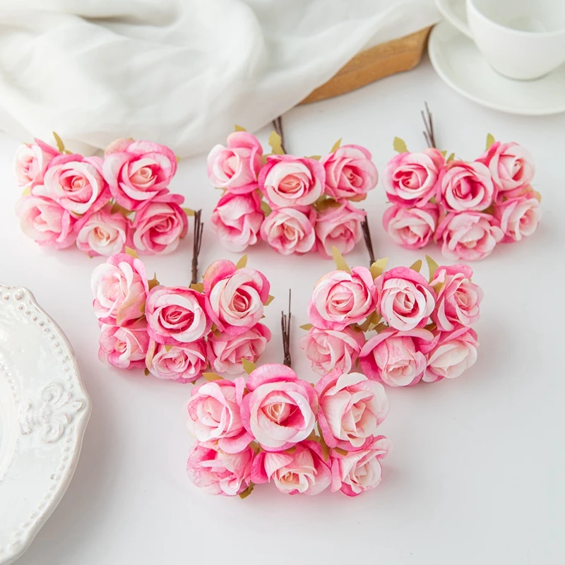 6PCS Artificial Flower Silk Small Rose DIY Wedding Bride Holding Flower Accessorie Home Bedroom Vase Decoration Christmas Wreath