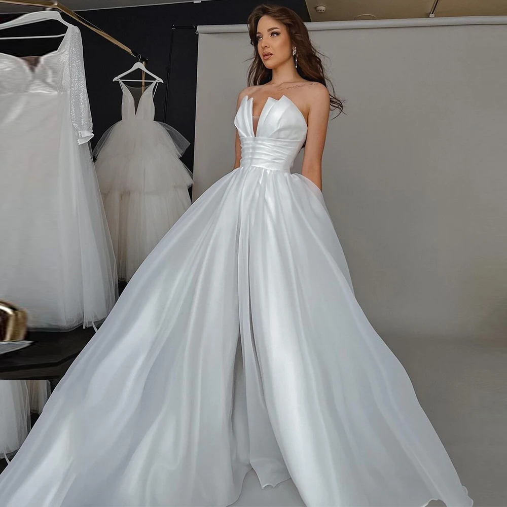 

Civil Wedding Dresses Boho Bohemian White Satin Ruched Tiered Wedding Party A-line Sweetheart Long Dresses 2024