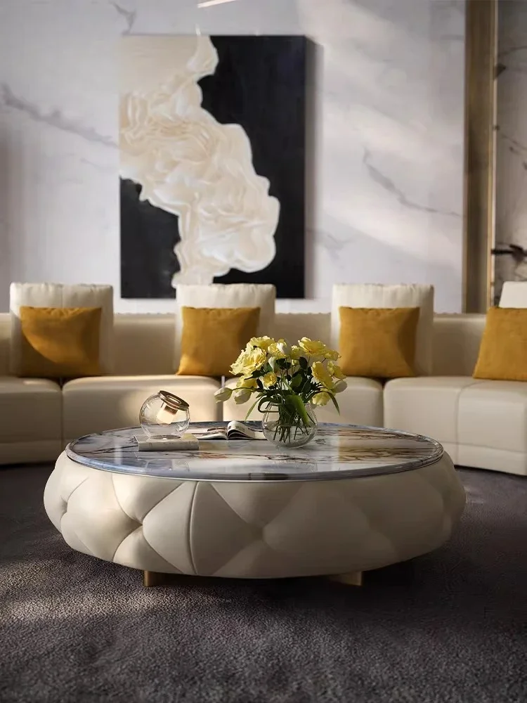 Light luxury natural marble coffee table round household living room solid wood coffee table