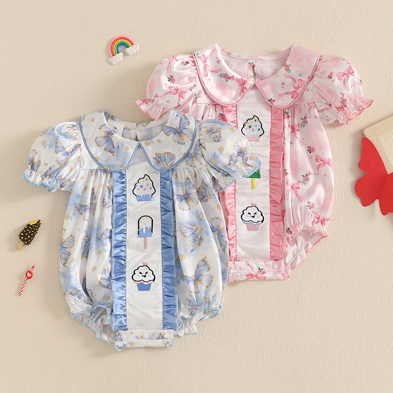 

Боди для маленьких девочек, милый комбинезон с короткими рукавами и кукольным воротником, комбинезон с вышивкой мороженого, комбинезон для новорожденных