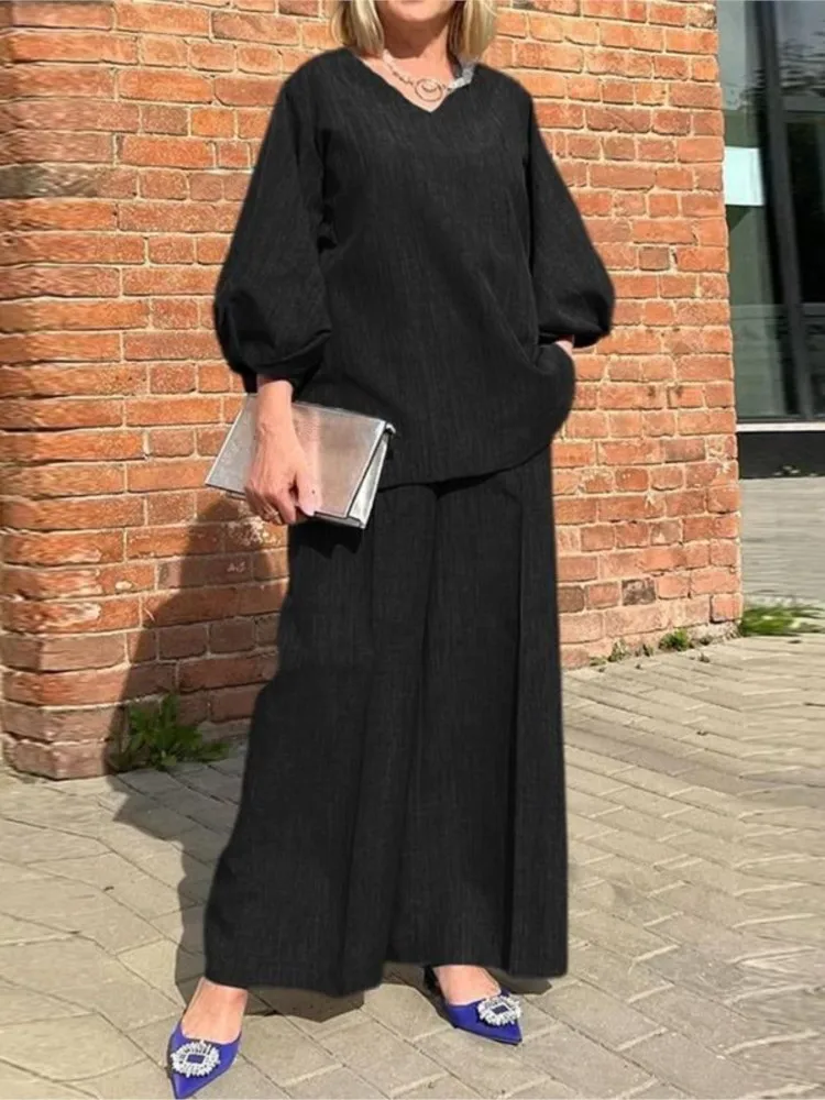 

Casual Solid Loose Set For Women Fashion Long Sleeve V Neck Tops+Wide Leg Pants Two Piece Outfits Woman Spring Womens Clothing