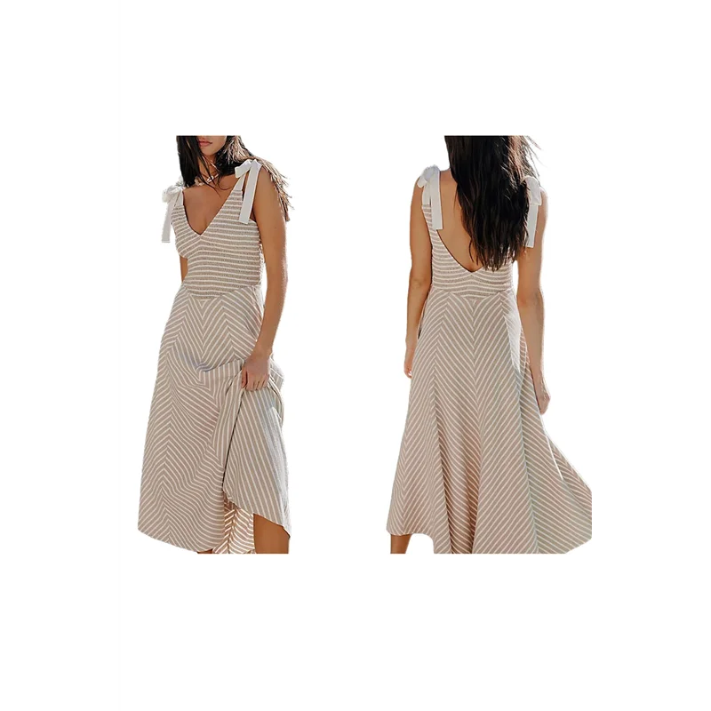 【SEE】ผู้หญิงลําลองฤดูร้อน Smocked V คอชายหาดลาย Sundress Flowy ชุดเดรสยาวพร้อมกระเป๋า