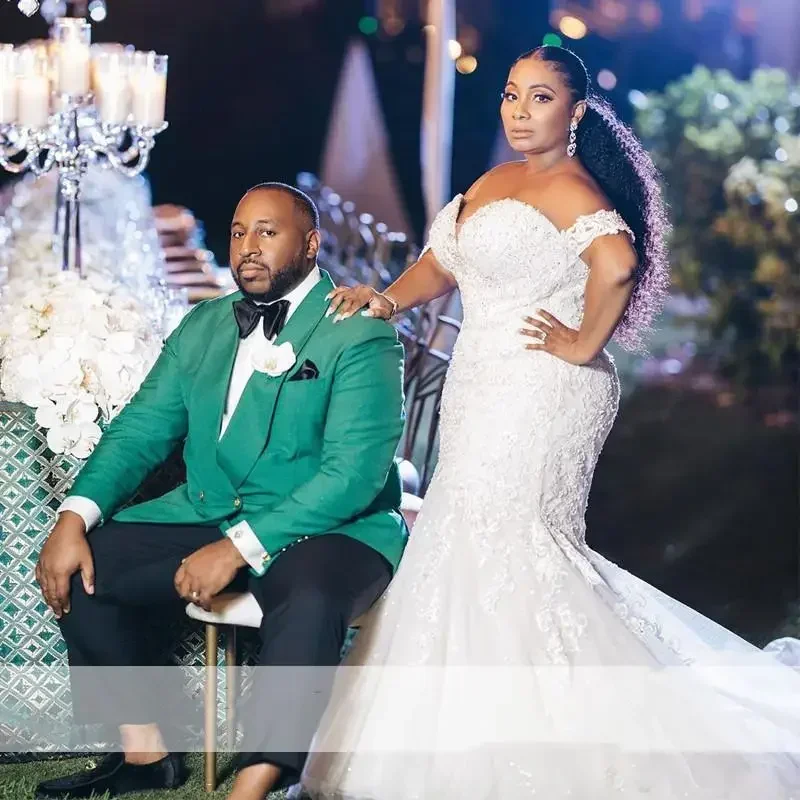 Personalizado vintage plus size renda sereia vestido de casamento volta rendas até fora do ombro africano longo trem apliques vestidos de noiva