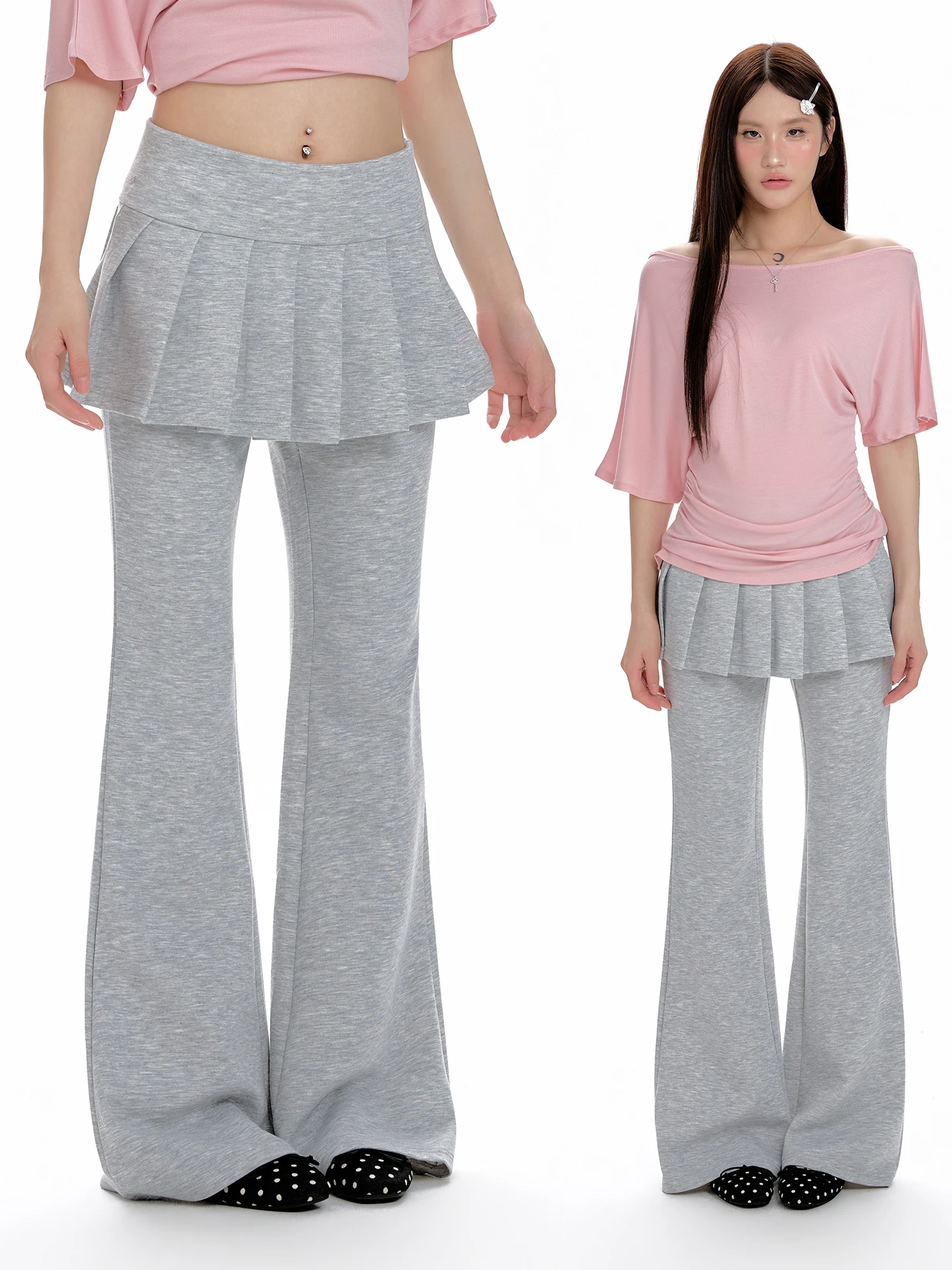 

Grey Sporty Micro Flared Pants Women's Spring 2026 New Wide Leg Casual Skirt Pants Drawstring Natural Waist Straight Cut