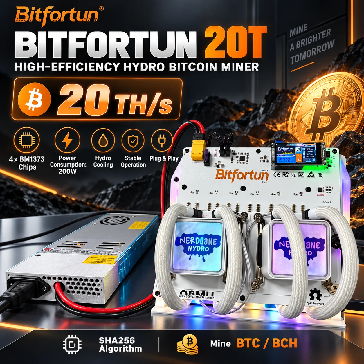 PunkHash Bitfortun 17TH~20TH/S Hydro Solo Miner 4×BM1373 200W SHA256 BTC BCH Water Cooling Low NoiseMiner with Mean Well Power