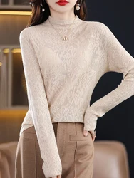 Autumn and Winter Women's 100% Wool Sweater Half-high Neck Pullover Lace Hollowed Out Casual Knitted Bottoming Warm Sweater