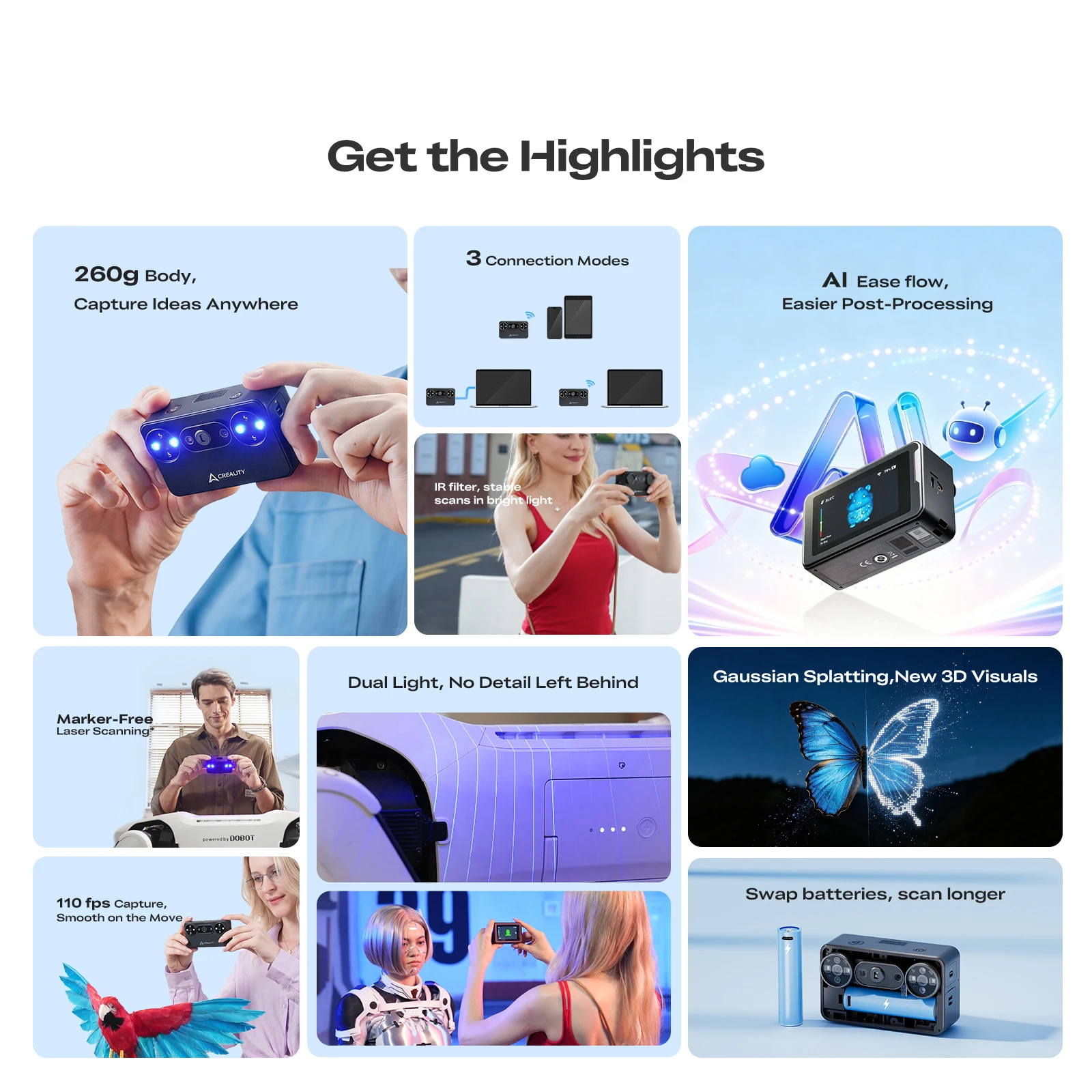 Creality PIKA 3D Scanner 7 Blue Laser Lines/NIR Light 0.03mm Precision Wifi 6 Built-in 8-core 2.0GHz Processor Mini 3D Scanner