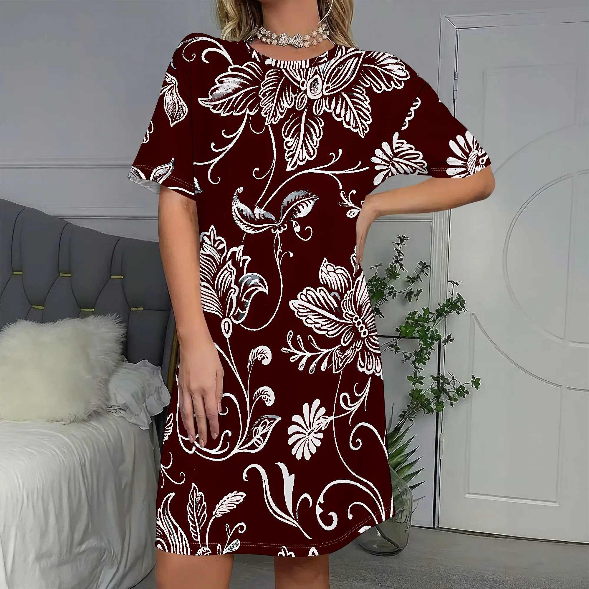 

Floral Print Short Sleeve Dress, Boho Tunic, Casual Shift, Summer Beach Wear, Women's S-2XL