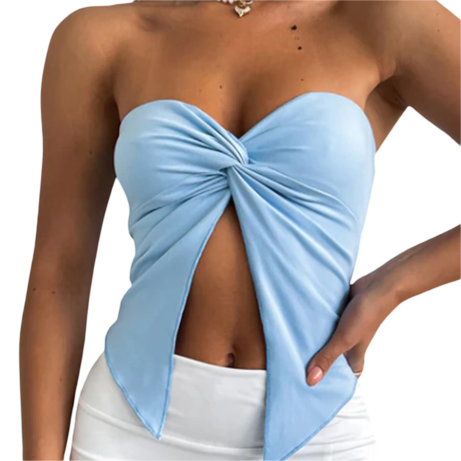 Summer Fashion Women Solid Color Tube Tops Bandeau Strapless Backless Open Front Wrap Chest Tank Tops Crop Tops