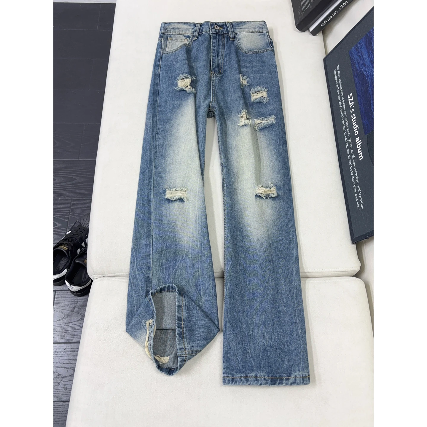 

Y2K Dark Aesthetic Distressed Jeans, Unisex Loose Fit Cargo Denim Pants, Streetwear Wide Leg Broken Hole Jeans