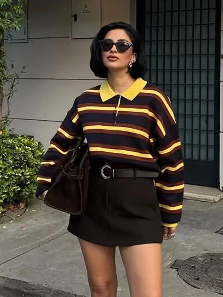 HH المرأة الخريف موضة سليم البنطال القصير أنثى شيك متعدد الألوان مخطط بولو طوق زر سترة طويلة الأكمام بلوزة كاجوال ﻿