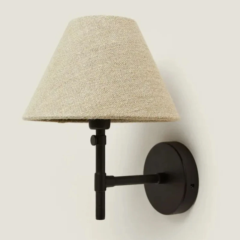 

Nordic Retro Black Wrought Iron Wall Lamps LED Light White Linen Fabric Lampshade Bedroom Kitchen Living Room Restaurant Sconces