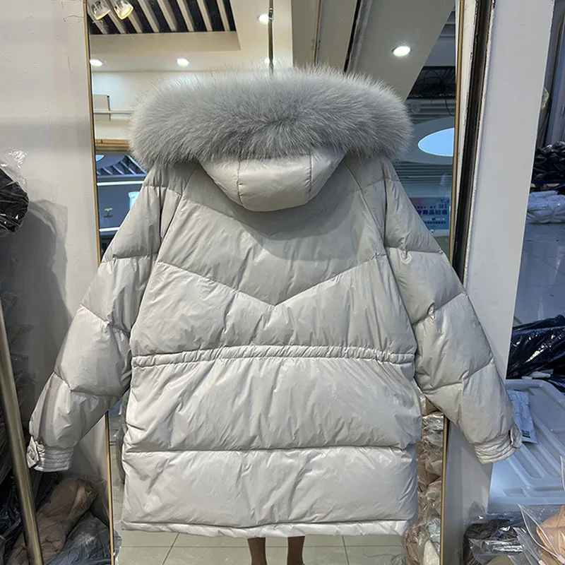 Chaqueta con capucha para mujer, abrigo de plumón de pato blanco, holgado, con cuello de piel de zorro Real, de lujo, cálido, para invierno, 2022, novedad de 90%