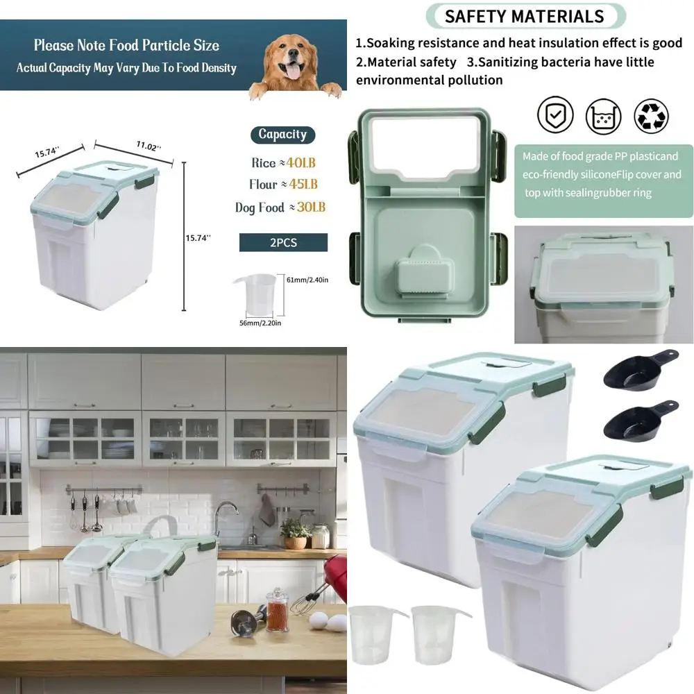 

Зеленые контейнеры для хранения без BPA: 2-компонентное контейнер для риса с мерным стаканчиком и контейнером для муки на 50 фунтов на колесах для корма для домашних животных, сухих товаров и сертификатов