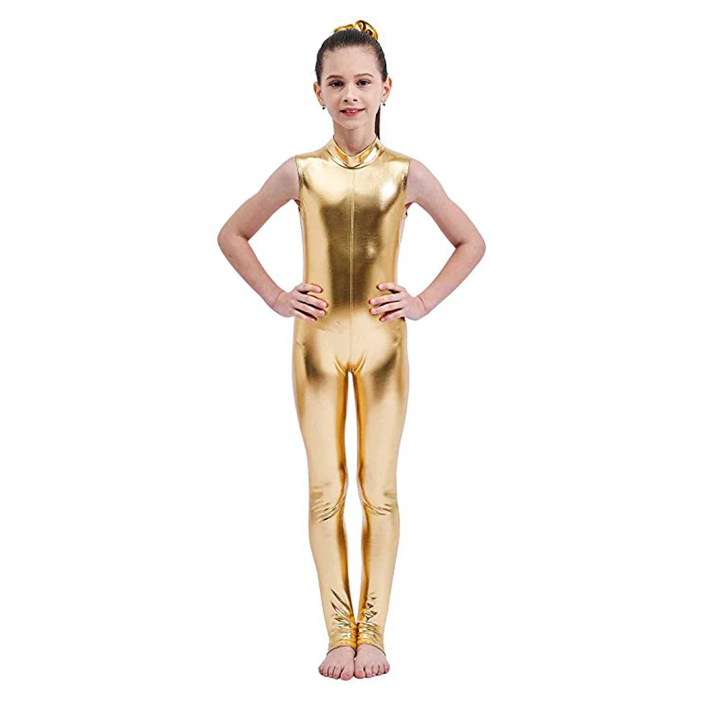 

Kids Long Sleeve Metallic Unitards Stirrups Dance Gymnastics Leotards Girls Shiny Dancewear Stage Performance Show Suit