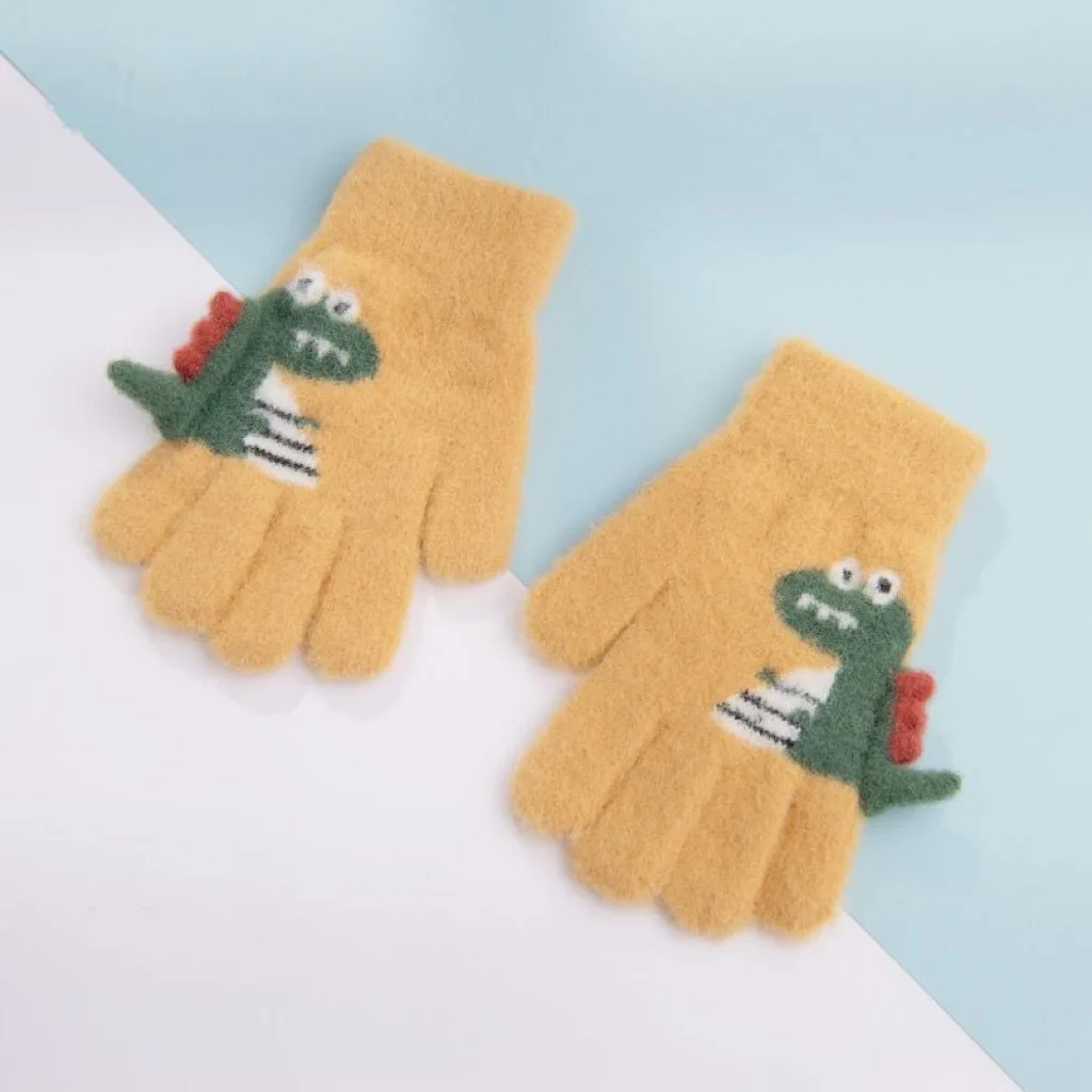 4-8 Year Old Winter Children\'s Thick Knitted Gloves Cartoon Dinosaur Warm Plush Children\'s Winter Children\'s Finger Gloves