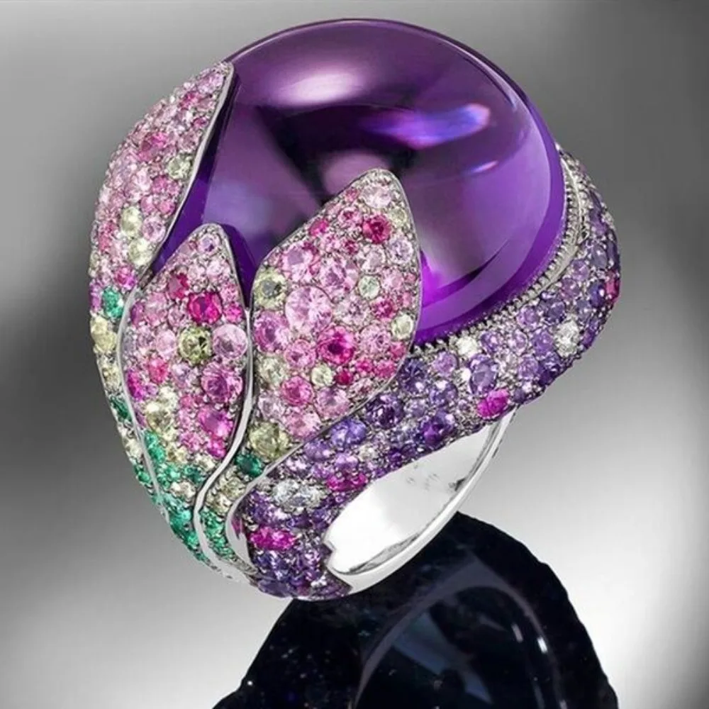 Retro Exaggerated Fully Inlay Colorful 5A Zircon Petal-shaped Ring for Women Luxury Temperament Finger Jewelry Accessories Gifts