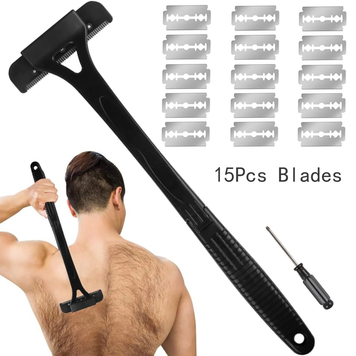 Man Back Shaver Hair Body Shaver Safety Long Handle Foldable Trimmer Body Leg Removal Shaving Razor Tool Hair with 15Pcs Blades