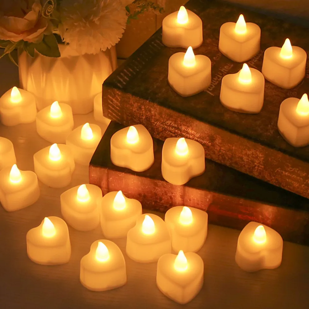24 pçs vela led sem chama para casa festa de natal decoração de casamento em forma de coração eletrônico bateria-potência velas tealight
