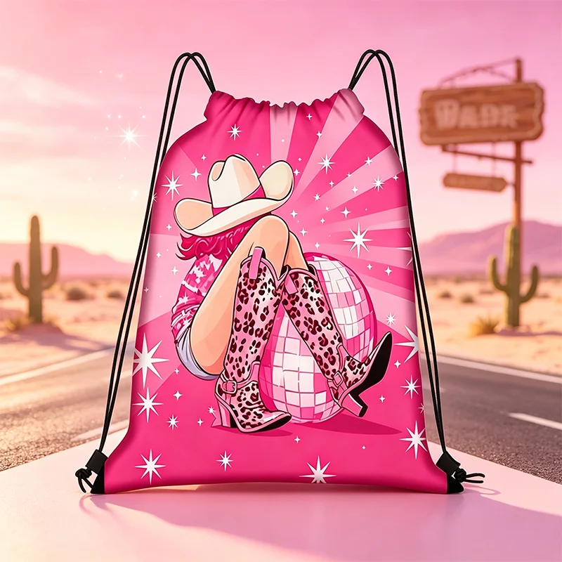 1Pcs Pink Y2K Disco Cowgirl Drawstring Backpack Leopard Boots Cowboy Hat Print Gym Sports Sackpack Party Bag