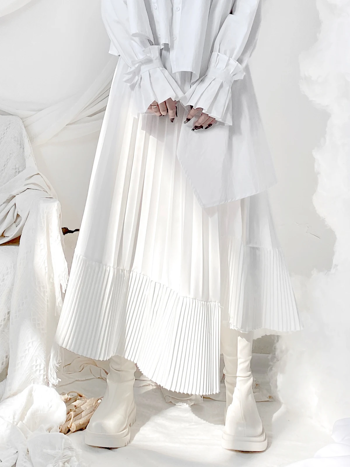 

Dark Half-length Skirt Women's Pleated Elastic Waist Asymmetrical A-line Polyester Commute Style Simple Black Skirt