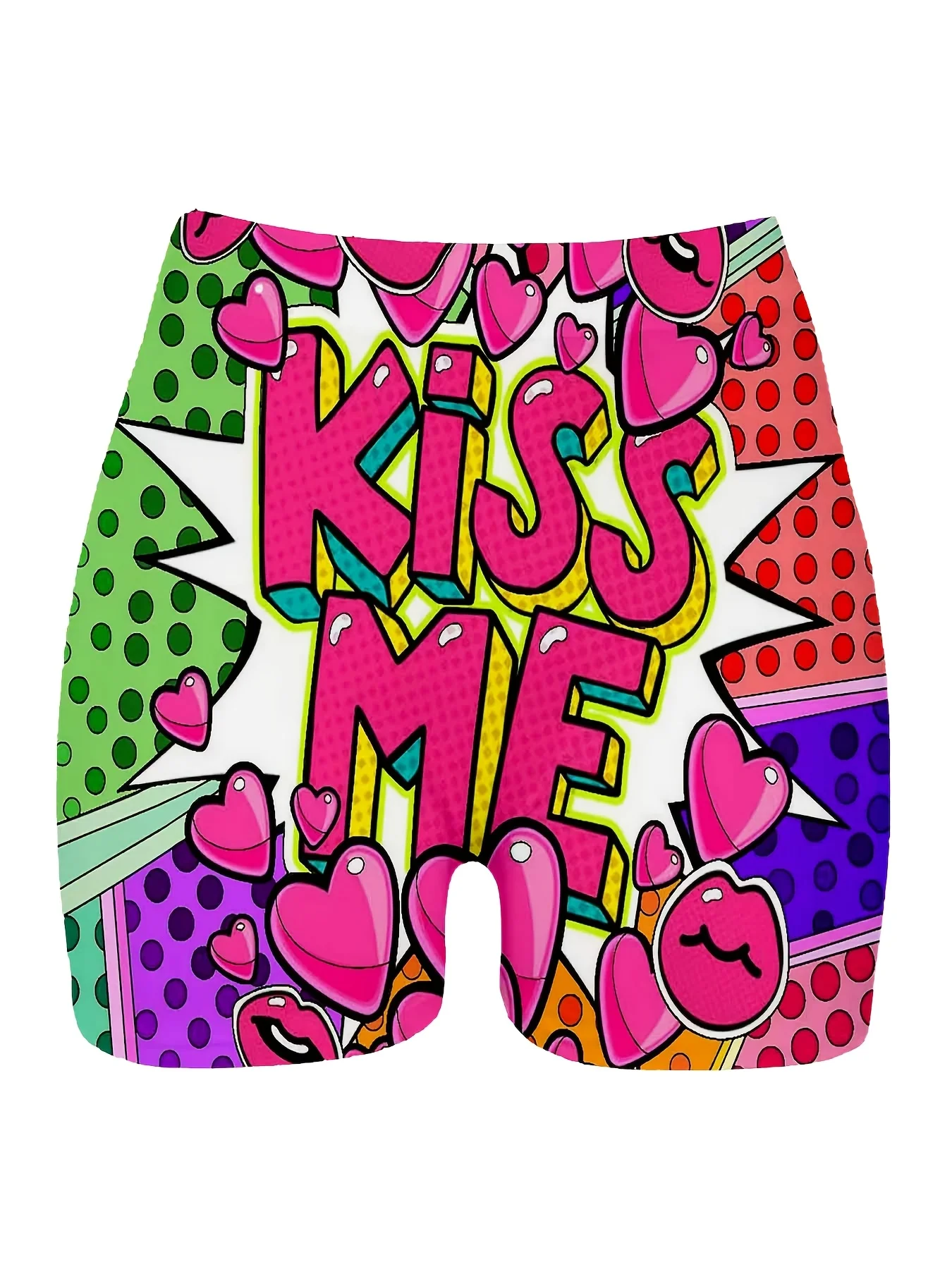 Kiss Me Plus Size Women Skimpy Shorts | Pink Green Purple Hearts Kiss Me Print for Party Beach Casual Wear, Slight Stretch